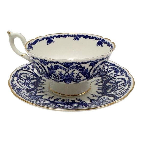 Coalport Teacup Saucer White Blue Scroll Bone China Made in England - Picture 2 of 14